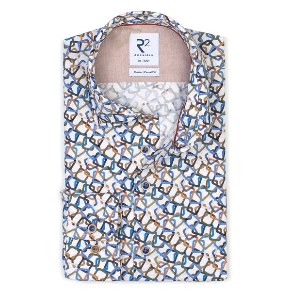 R2 Amsterdam White w/ Multicolor Square Print Button Up