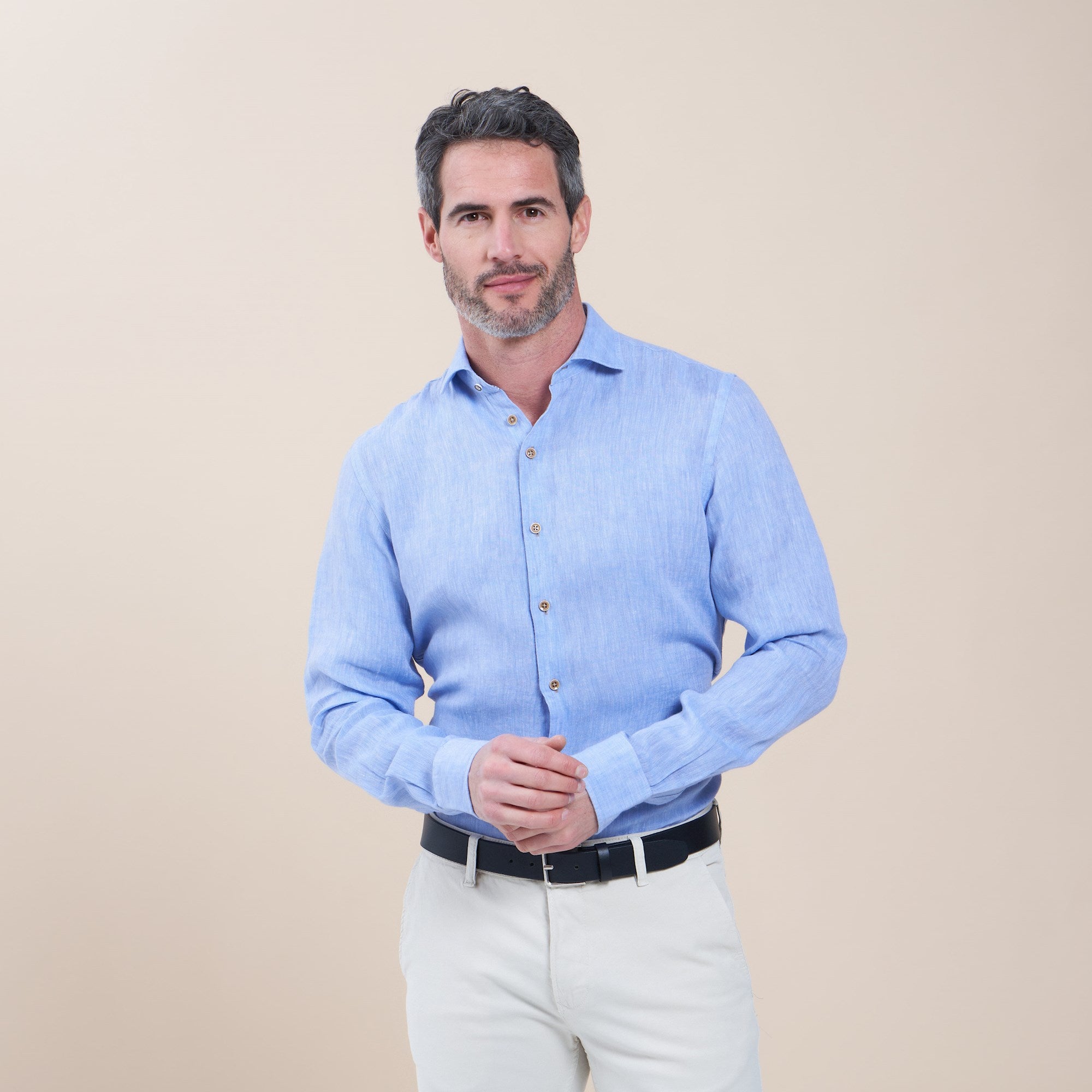 Brand Partner,R2 Amsterdam, R2 Amsterdam Light Blue Linen Long Sleeve Button Up Shirt, Blue, Extra Extra Large-54-TagXXL