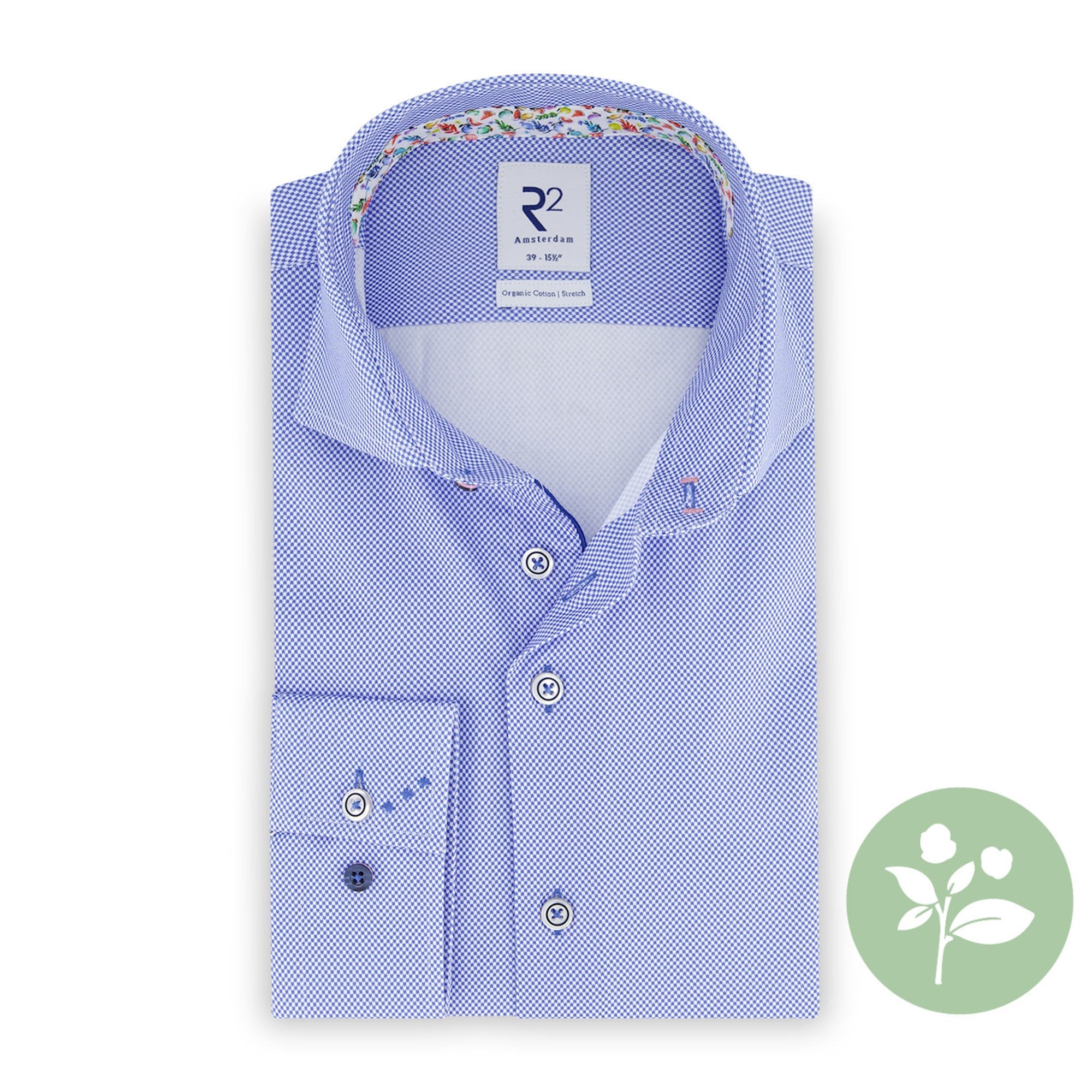 Brand Partner,R2 Amsterdam, R2 Amsterdam Blue Micro Check Print w/ Fruit Print Collar and Cuffs Button Up, Blue, Small-41-TagS