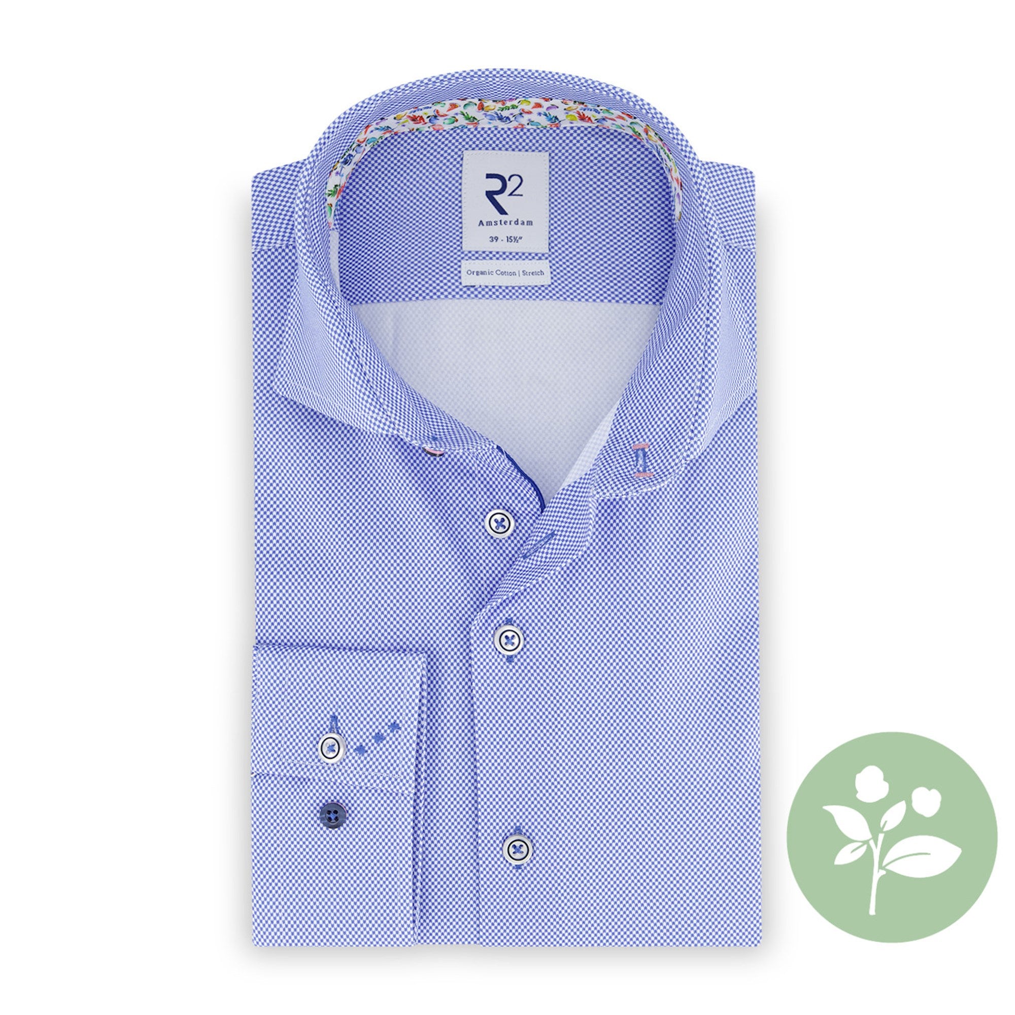 Brand Partner,R2 Amsterdam, R2 Amsterdam Blue Micro Check Print w/ Fruit Print Collar and Cuffs Button Up, Blue, Small-41-TagS