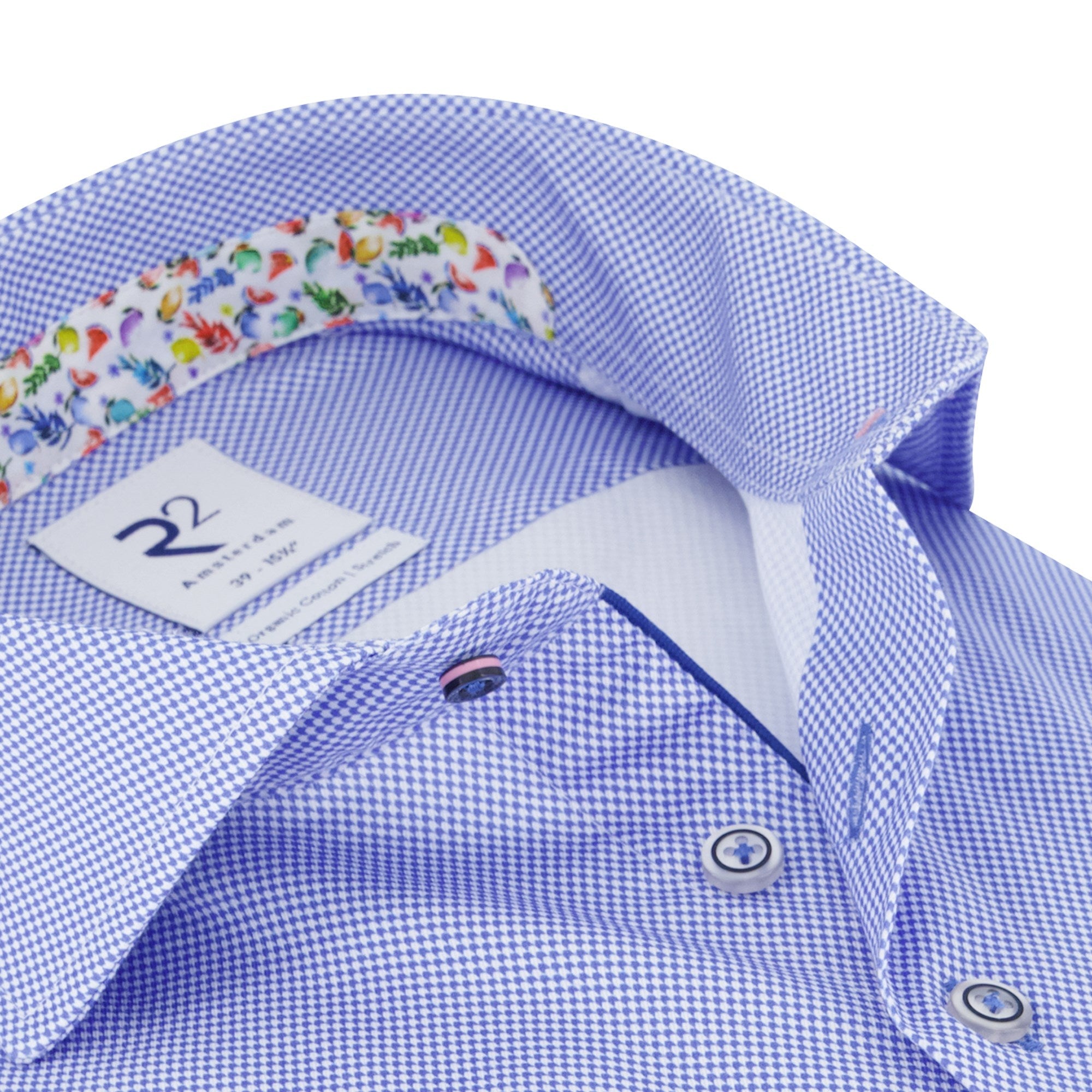 Brand Partner,R2 Amsterdam, R2 Amsterdam Blue Micro Check Print w/ Fruit Print Collar and Cuffs Button Up, Blue, Small-41-TagS