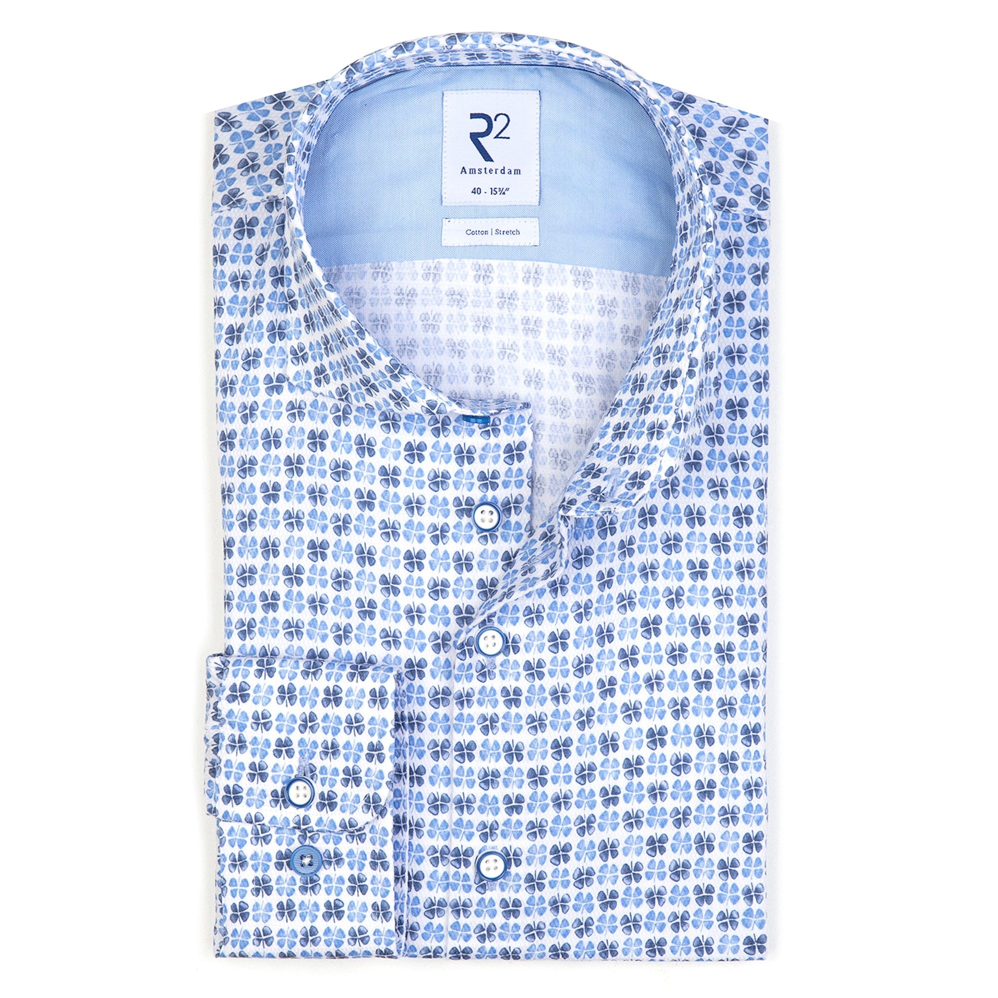 Brand Partner,R2 Amsterdam, R2 Amsterdam Blue Clover Print Button Up, Blue, Large-46-TagL