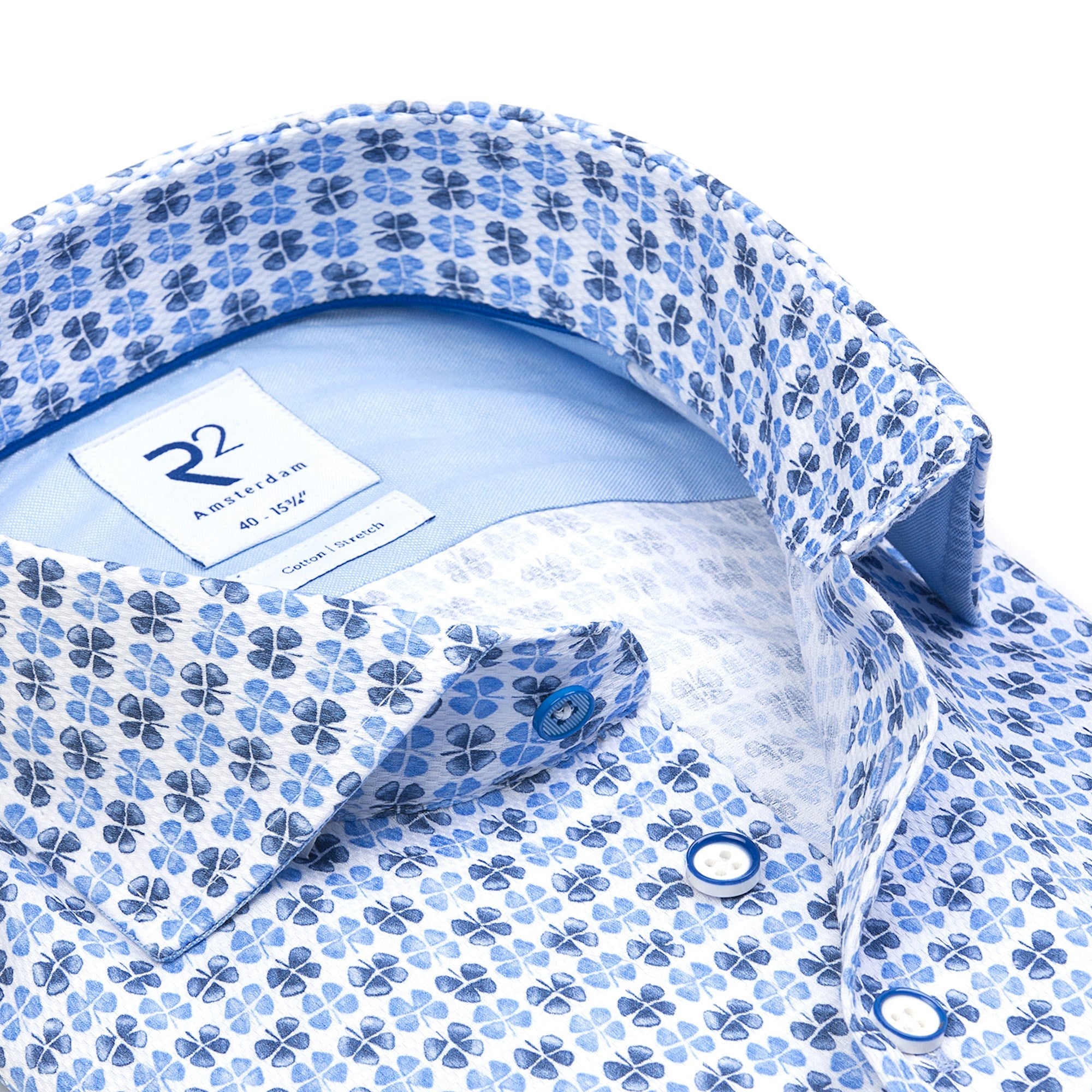Brand Partner,R2 Amsterdam, R2 Amsterdam Blue Clover Print Button Up, Blue, Large-46-TagL
