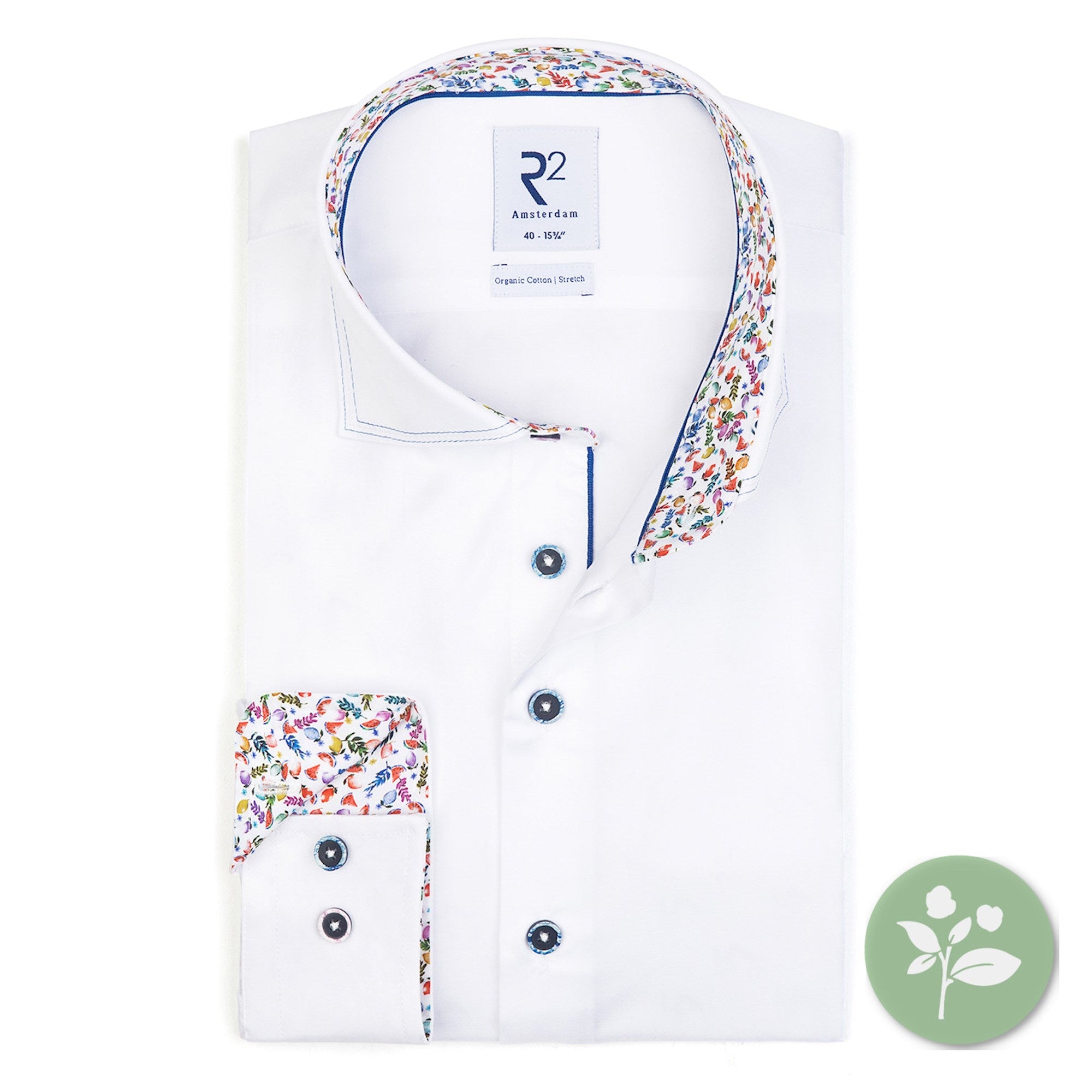 Brand Partner,R2 Amsterdam, R2 Amsterdam White Solid w/ Fruit Print Collar and Cuffs Button Up, White, Medium-44-TagM