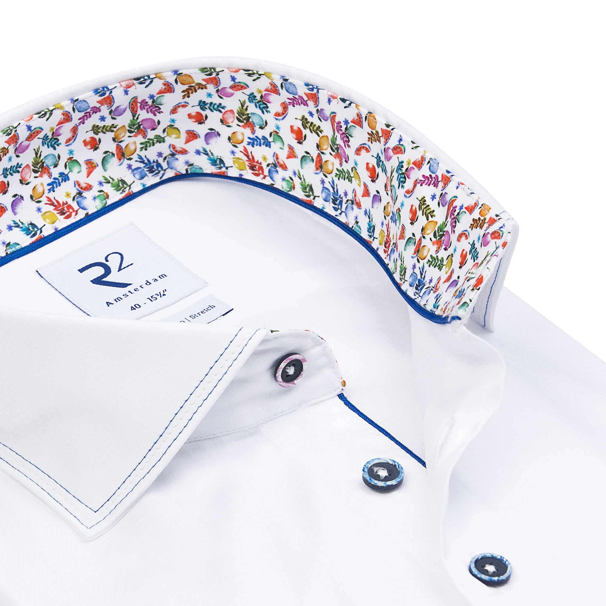 Brand Partner,R2 Amsterdam, R2 Amsterdam White Solid w/ Fruit Print Collar and Cuffs Button Up, White, Medium-44-TagM