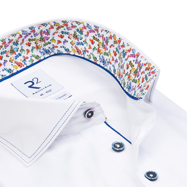 R2 Amsterdam White Solid w/ Fruit Print Collar and Cuffs Button Up