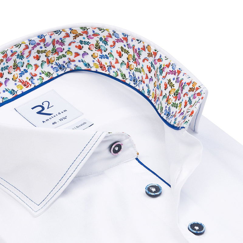 R2 Amsterdam White Solid w/ Fruit Print Collar and Cuffs Button Up