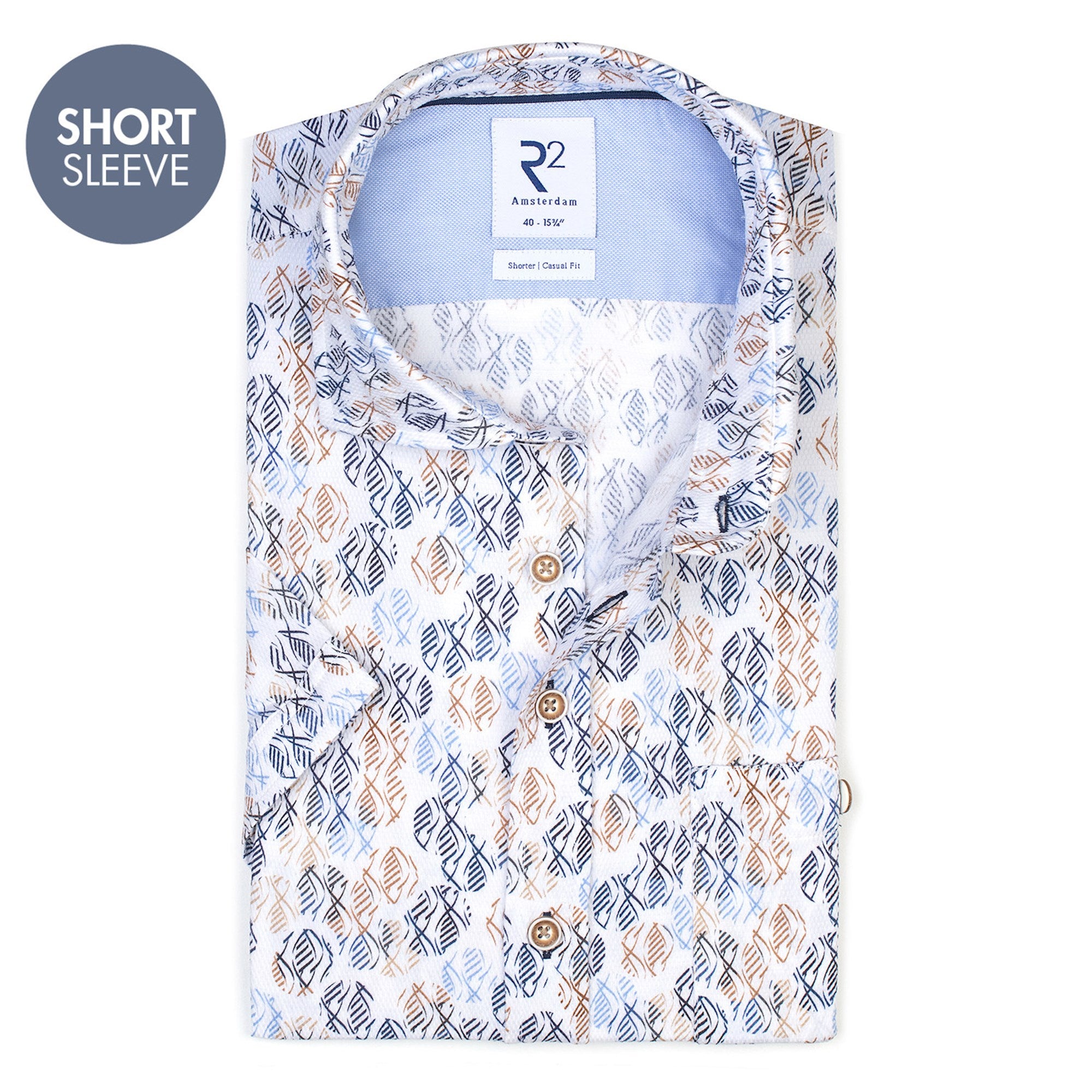 Brand Partner,R2 Amsterdam, R2 Amsterdam White Abstract Fish Print Short Sleeve Button Up, White, Medium-44-Tag40