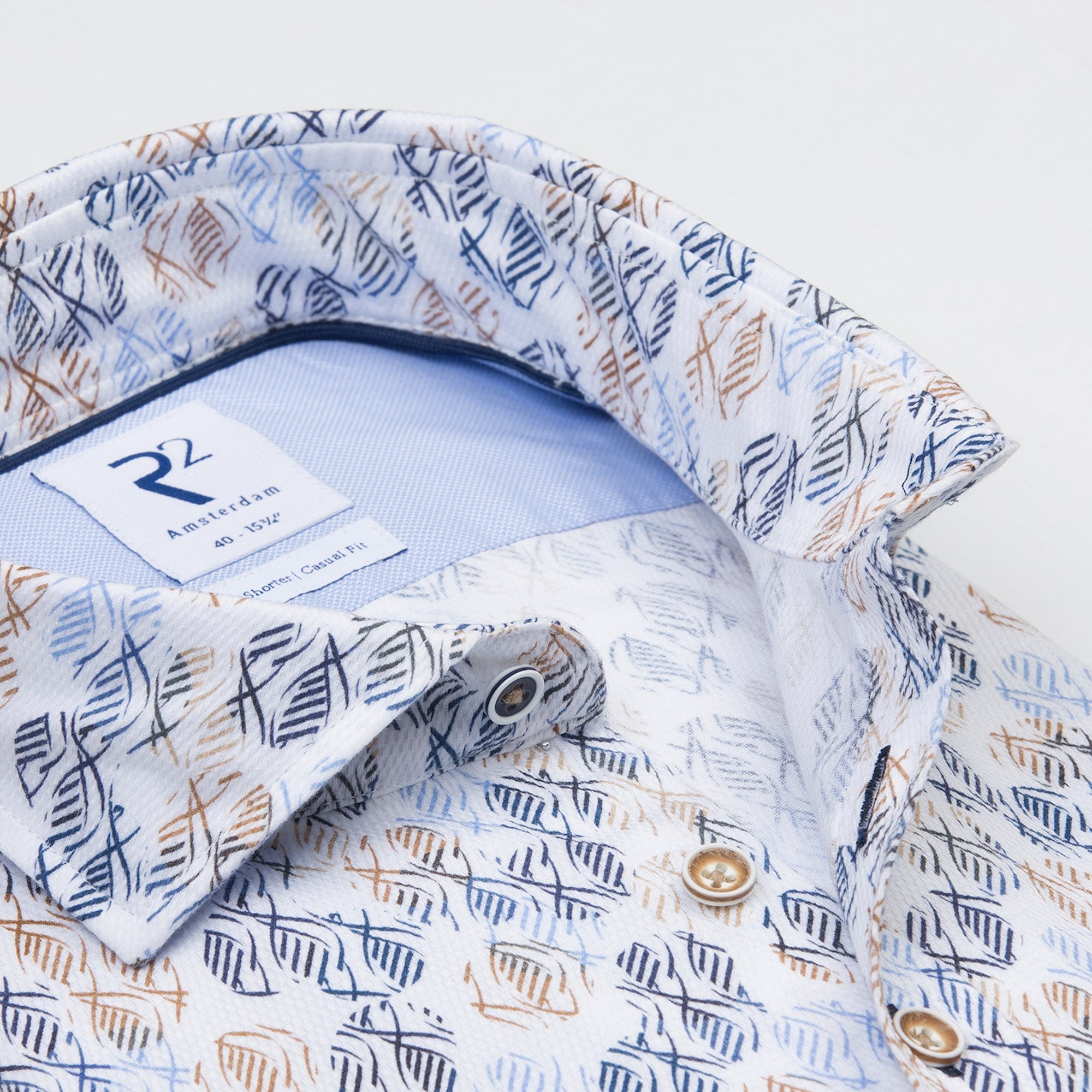 Brand Partner,R2 Amsterdam, R2 Amsterdam White Abstract Fish Print Short Sleeve Button Up, White, Medium-44-Tag40
