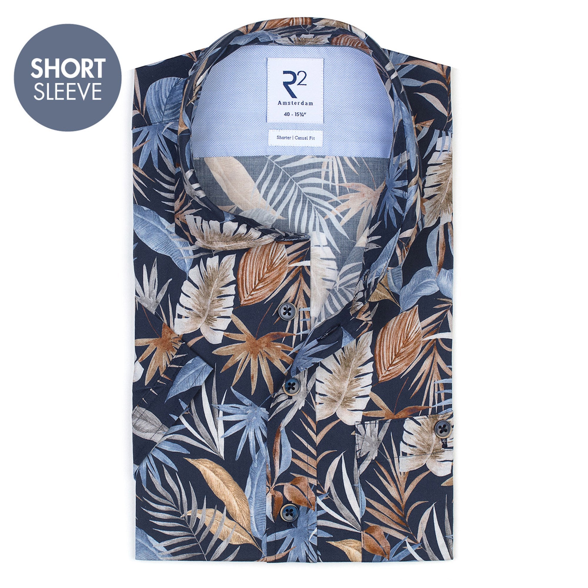 Brand Partner,R2 Amsterdam, R2 Amsterdam Navy Tropical Print Short Sleeve Button Up, Blue, Medium-44-TagM
