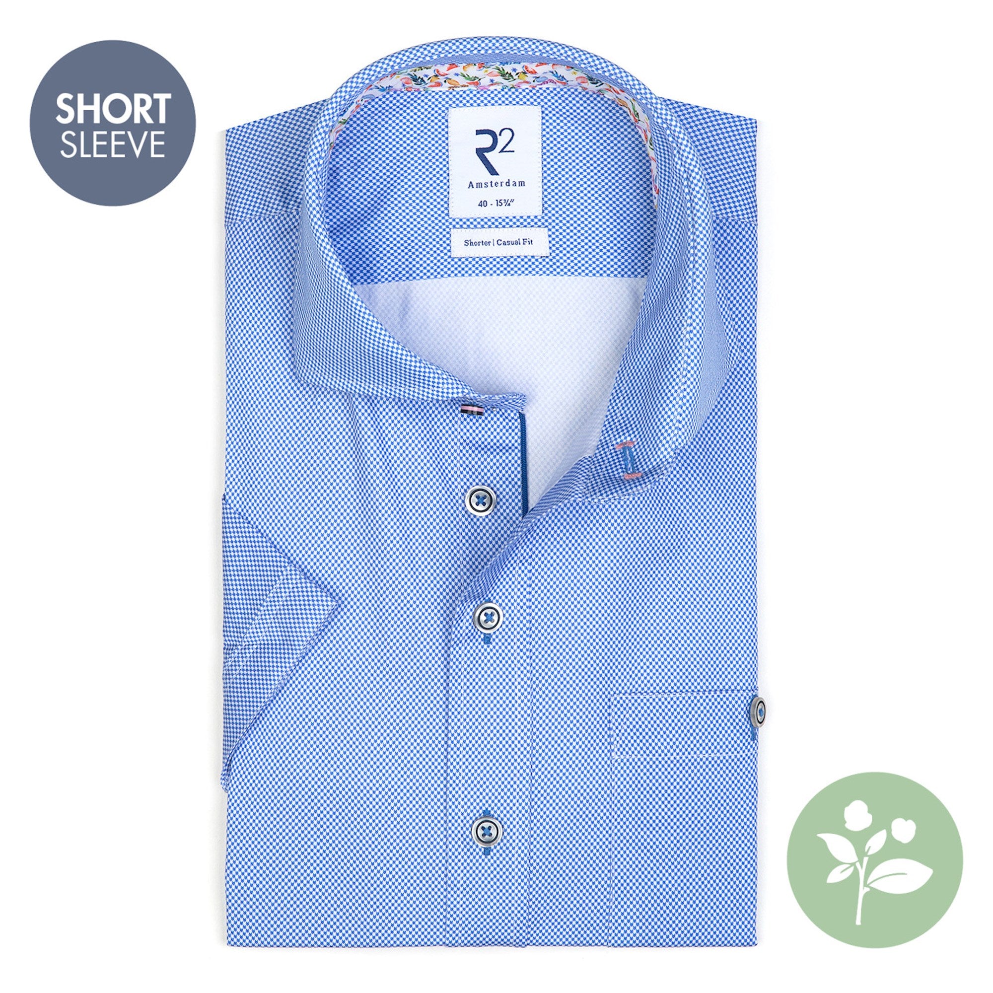Brand Partner,R2 Amsterdam, R2 Amsterdam Blue Micro Check Print w/ Fruit Print Collar and Cuffs Short Sleeve Button Up, Blue, Medium-42-TagM