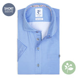 R2 Amsterdam Blue Micro Check Print w/ Fruit Print Collar and Cuffs Short Sleeve Button Up