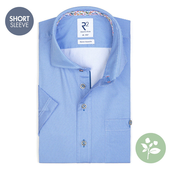 R2 Amsterdam Blue Micro Check Print w/ Fruit Print Collar and Cuffs Short Sleeve Button Up