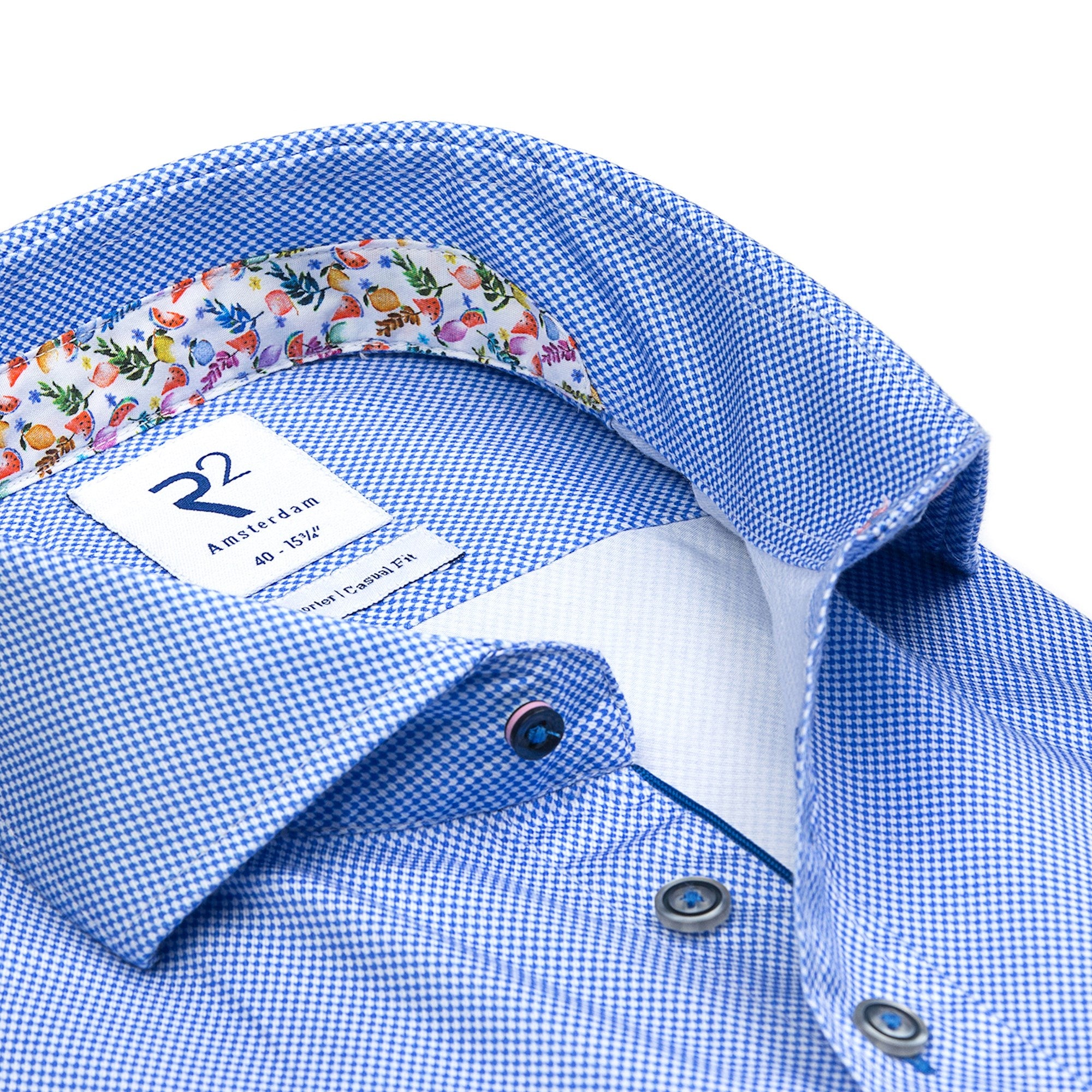Brand Partner,R2 Amsterdam, R2 Amsterdam Blue Micro Check Print w/ Fruit Print Collar and Cuffs Short Sleeve Button Up, Blue, Medium-42-TagM