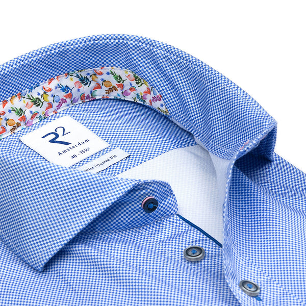 R2 Amsterdam Blue Micro Check Print w/ Fruit Print Collar and Cuffs Short Sleeve Button Up