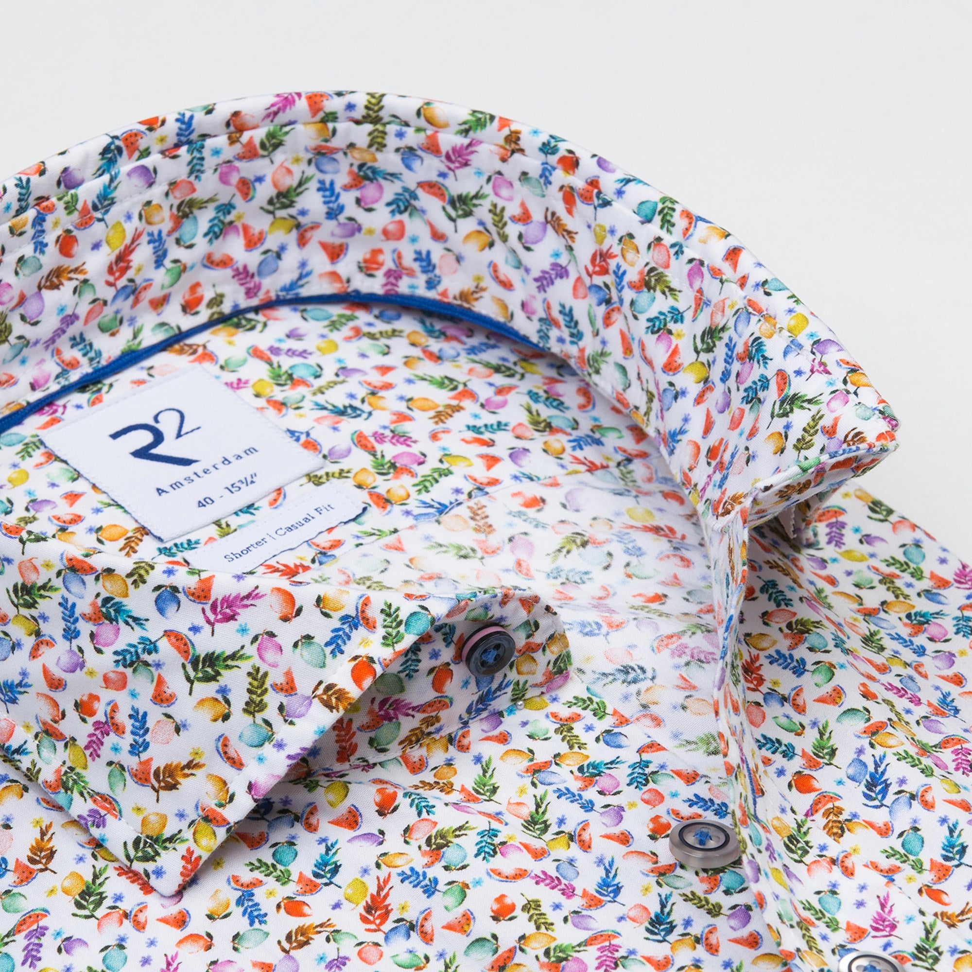 Brand Partner,R2 Amsterdam, R2 Amsterdam White Fruit Print Short Sleeve Button Up, White, Medium-44-Tag40