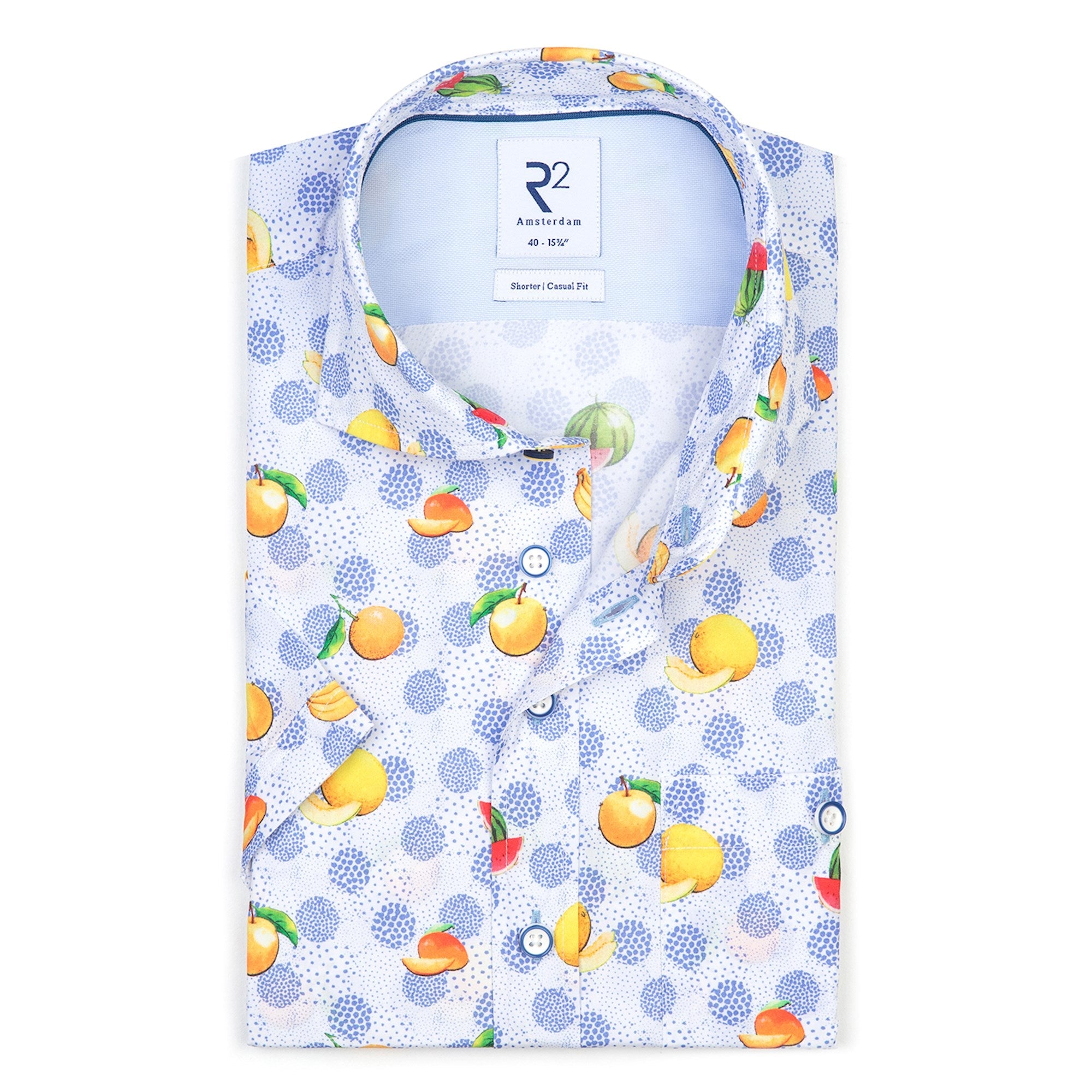 Brand Partner,R2 Amsterdam, R2 Amsterdam Blue Fruit Print Short Sleeve Button Up, Blue, Medium-44-TagM