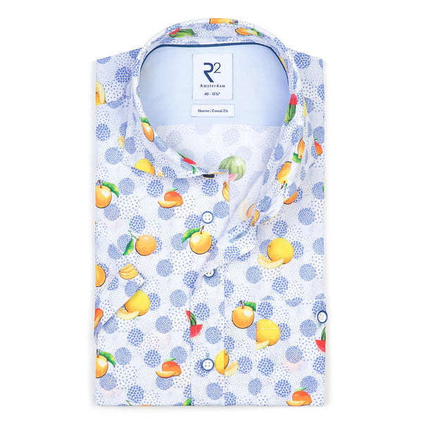 R2 Amsterdam Blue Fruit Print Short Sleeve Button Up