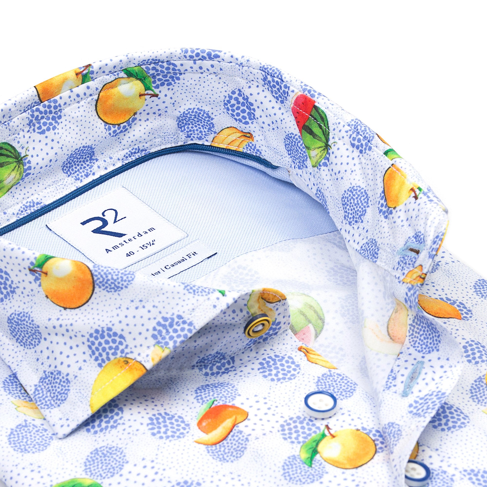 Brand Partner,R2 Amsterdam, R2 Amsterdam Blue Fruit Print Short Sleeve Button Up, Blue, Medium-44-TagM