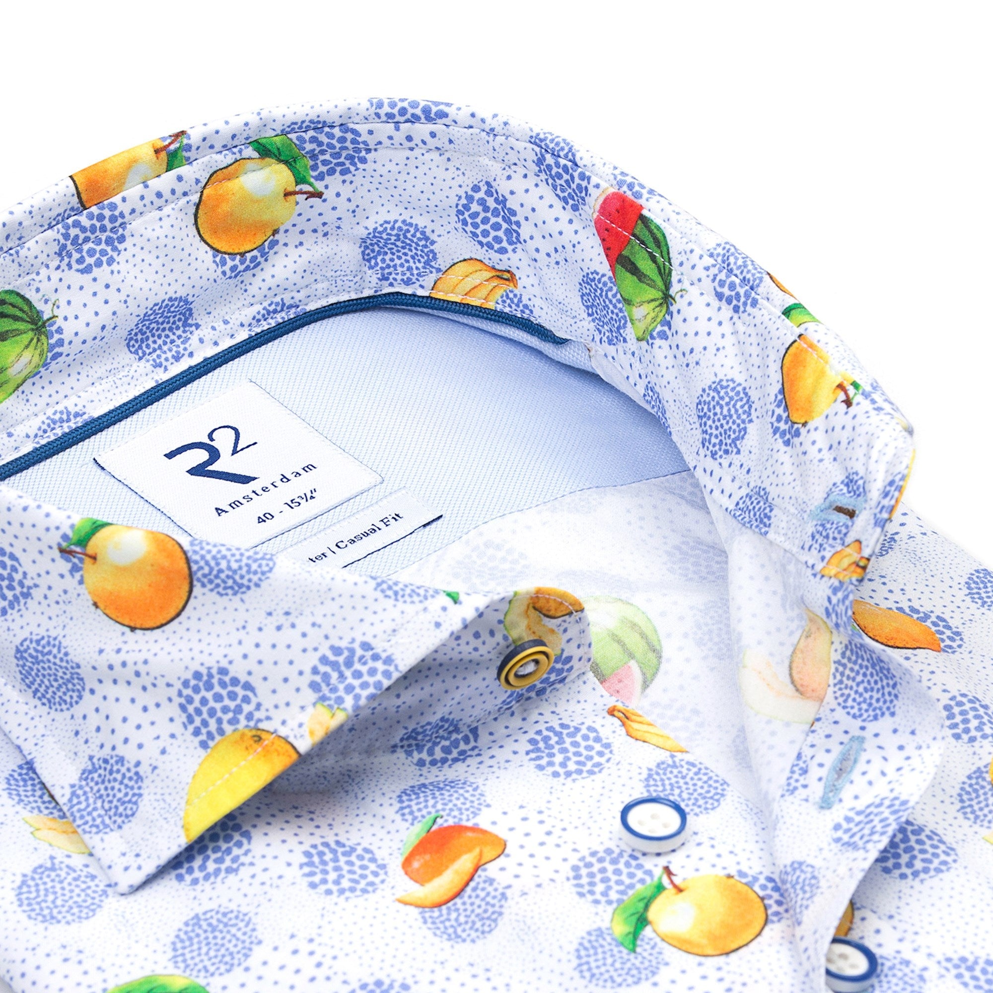 Brand Partner,R2 Amsterdam, R2 Amsterdam Blue Fruit Print Short Sleeve Button Up, Blue, Medium-44-TagM