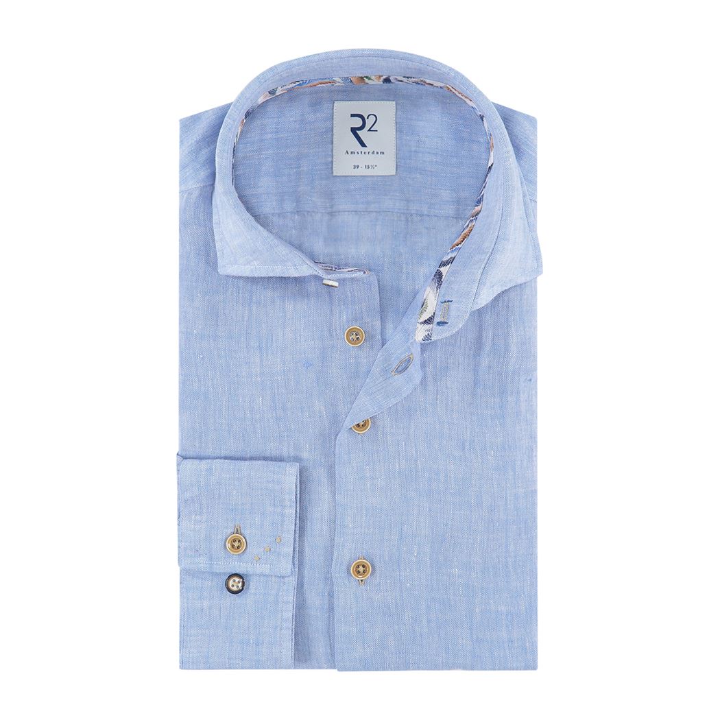 Brand Partner,R2 Amsterdam, R2 Amsterdam Light Blue Linen Long Sleeve Button Up Shirt, Blue, Extra Extra Large-54-TagXXL