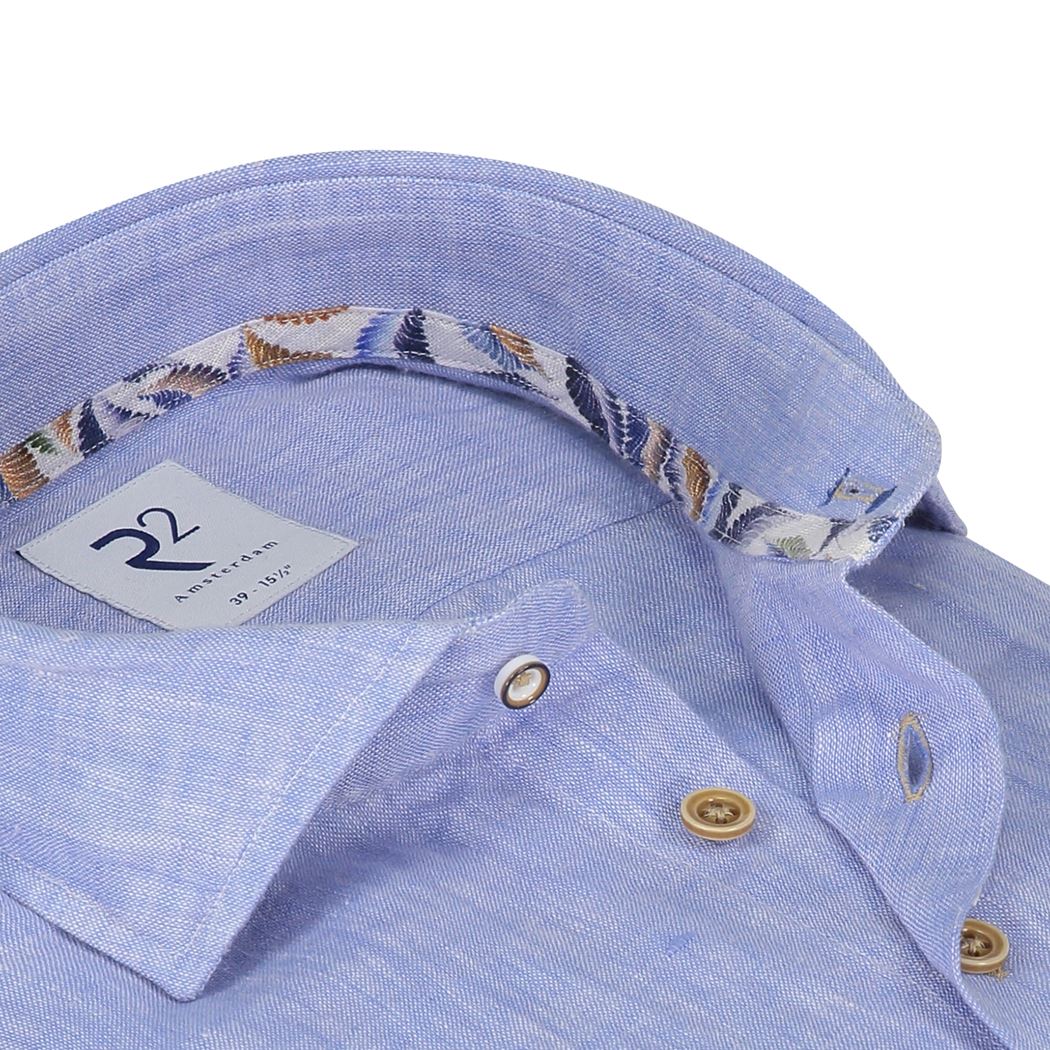 Brand Partner,R2 Amsterdam, R2 Amsterdam Light Blue Linen Long Sleeve Button Up Shirt, Blue, Extra Extra Large-54-TagXXL