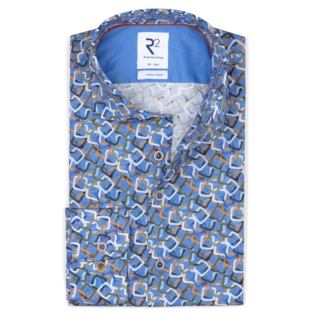 Brand Partner,R2 Amsterdam, R2 Amsterdam Blue Multicolor Square Print Textured Button Up, , 