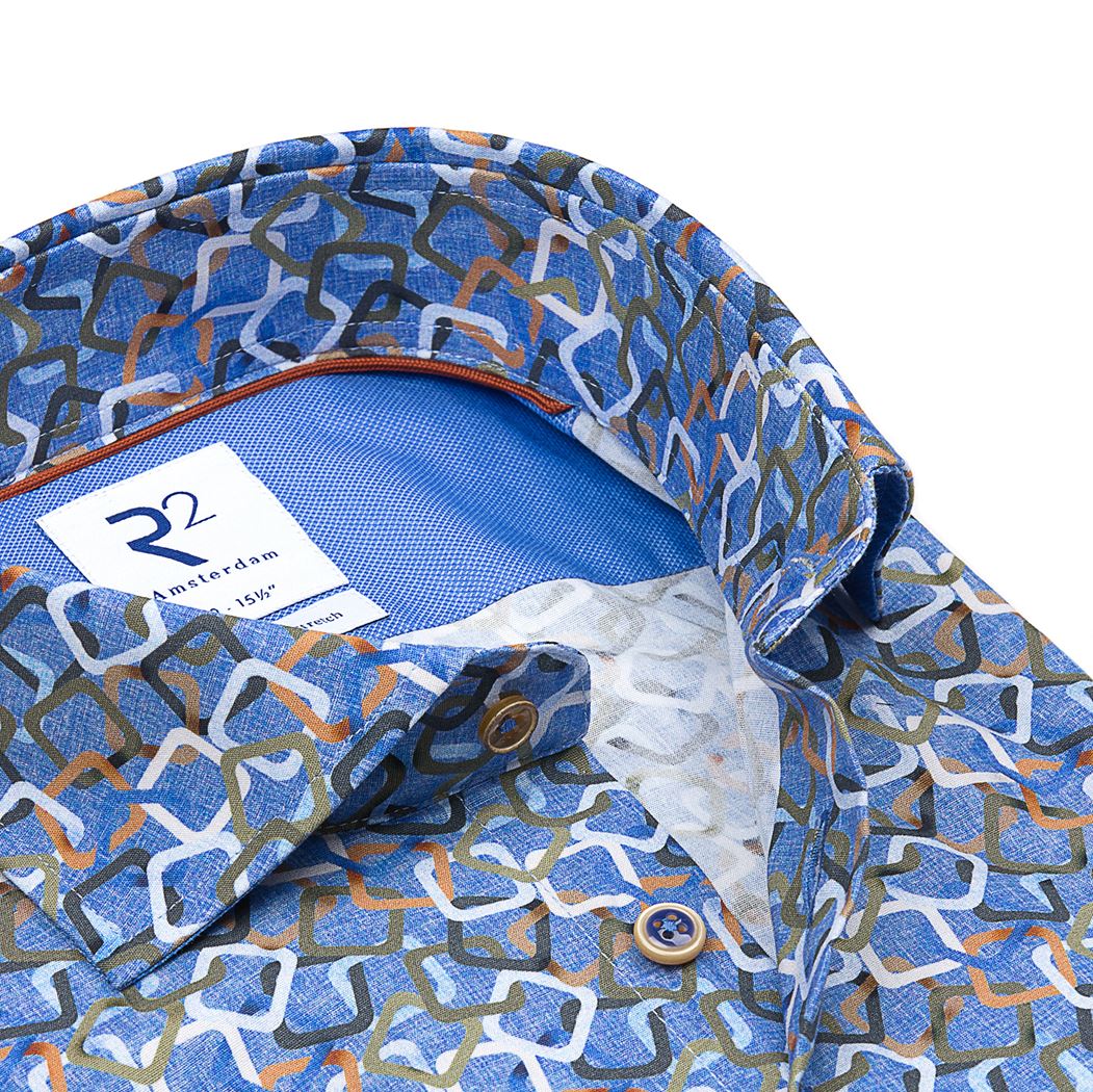 Brand Partner,R2 Amsterdam, R2 Amsterdam Blue Multicolor Square Print Textured Button Up, , 