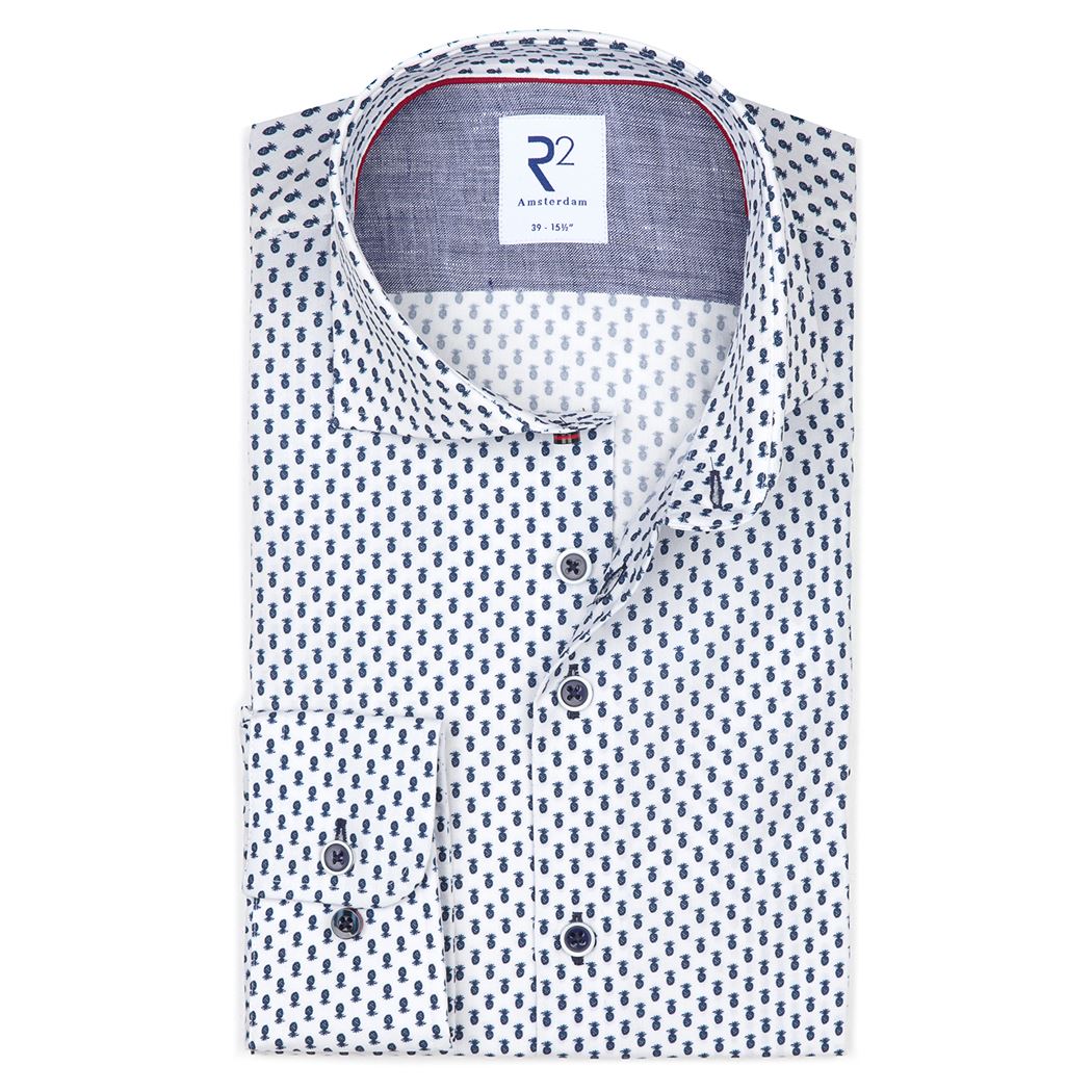 Brand Partner,R2 Amsterdam, R2 Amsterdam White w/ Blue Pineapple Mini Print Slim Fit Button Up, White, Small-40-Tag39