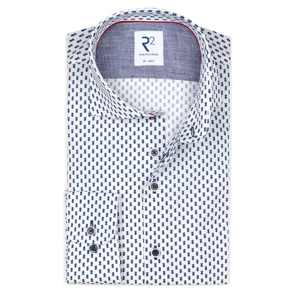 R2 Amsterdam White w/ Blue Pineapple Mini Print Slim Fit Button Up