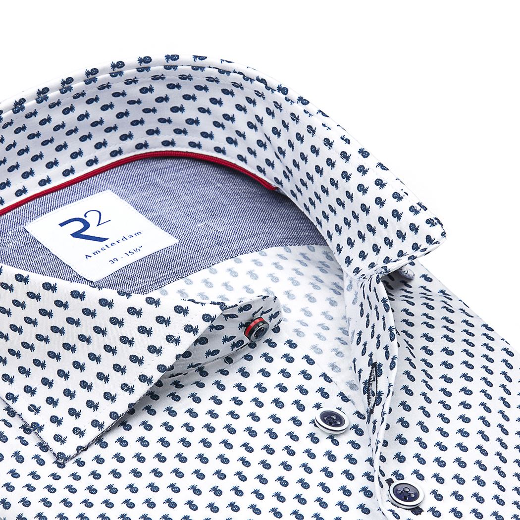 Brand Partner,R2 Amsterdam, R2 Amsterdam White w/ Blue Pineapple Mini Print Slim Fit Button Up, White, Small-40-Tag39