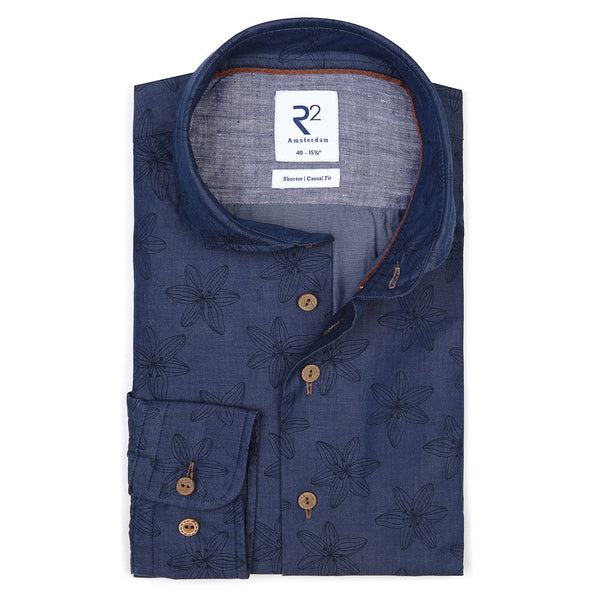 R2 Amsterdam Dark Blue Floral Line Print Button Up