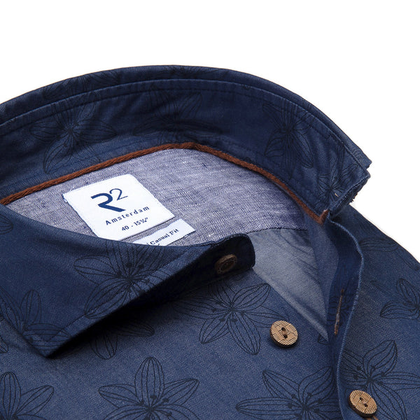 R2 Amsterdam Dark Blue Floral Line Print Button Up