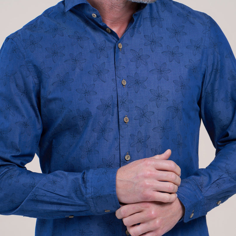 R2 Amsterdam Dark Blue Floral Line Print Button Up