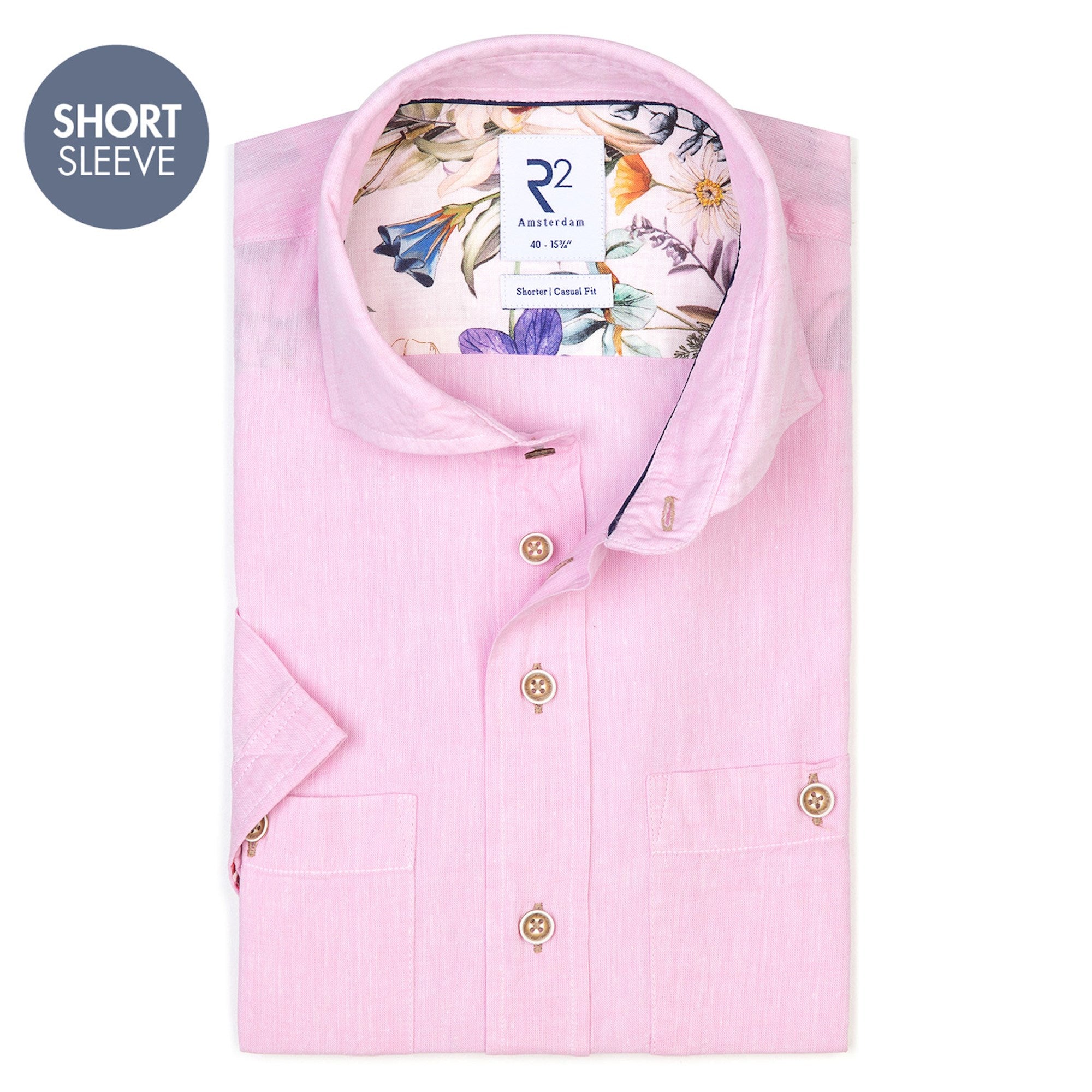 Brand Partner,R2 Amsterdam, R2 Amsterdam Pink Solid Linen Blend Short Sleeve Button Up, Pink, Medium-43-TagM