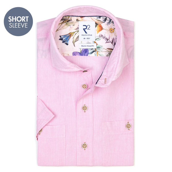 R2 Amsterdam Pink Solid Linen Blend Short Sleeve Button Up