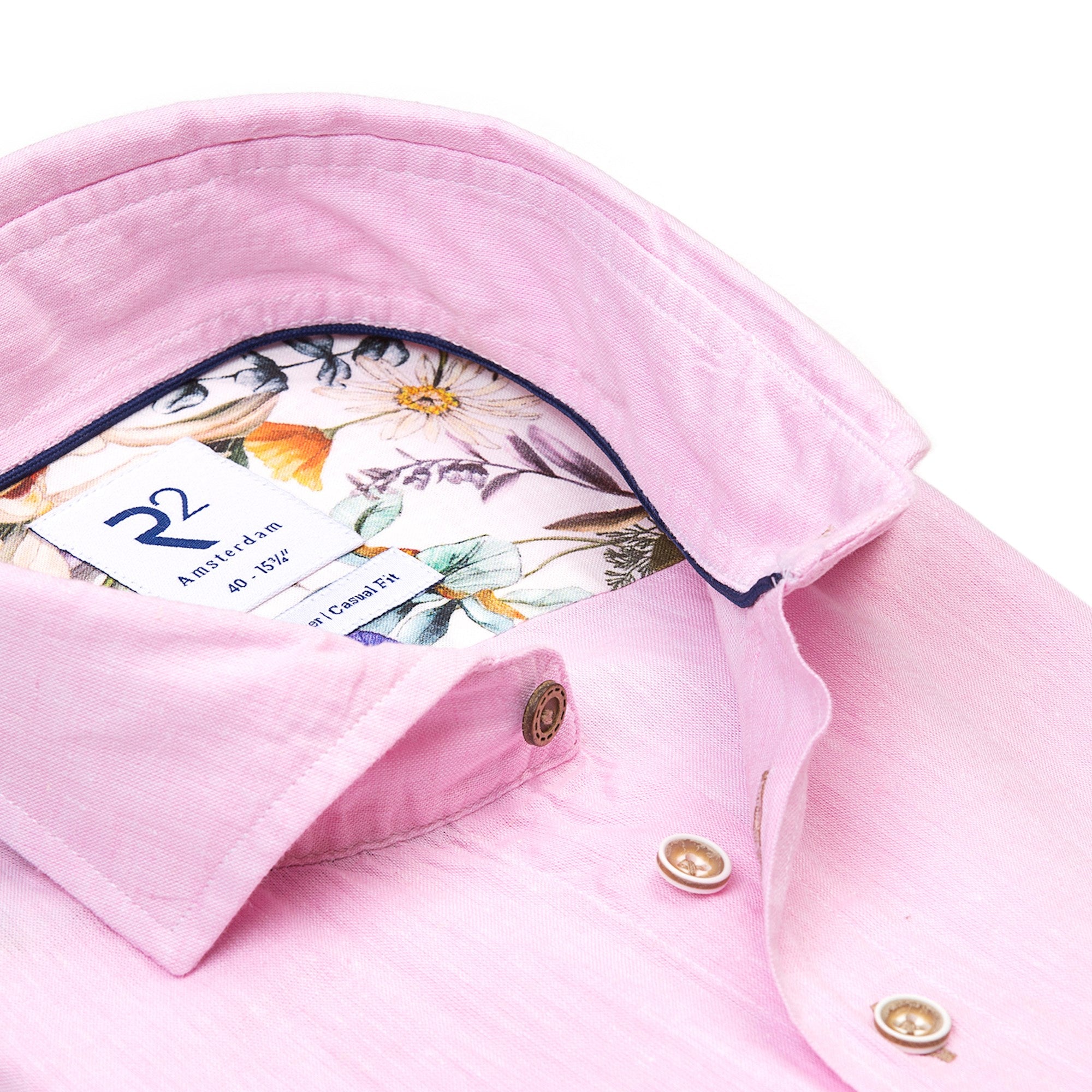 Brand Partner,R2 Amsterdam, R2 Amsterdam Pink Solid Linen Blend Short Sleeve Button Up, Pink, Medium-43-TagM