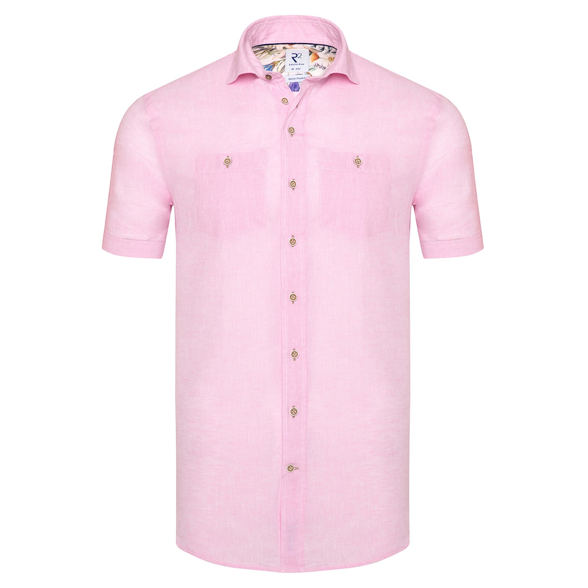 Brand Partner,R2 Amsterdam, R2 Amsterdam Pink Solid Linen Blend Short Sleeve Button Up, Pink, Medium-43-TagM