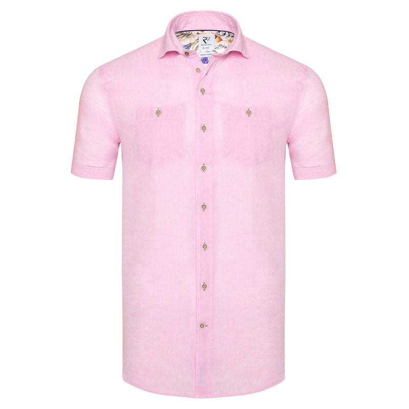 R2 Amsterdam Pink Solid Linen Blend Short Sleeve Button Up