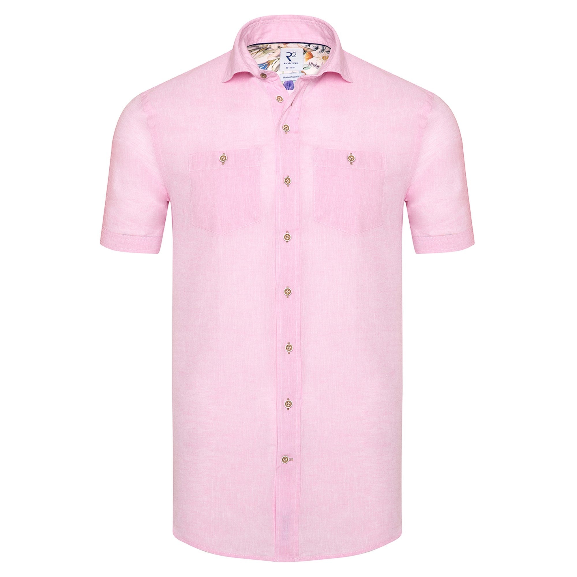 Brand Partner,R2 Amsterdam, R2 Amsterdam Pink Solid Linen Blend Short Sleeve Button Up, Pink, Medium-43-TagM