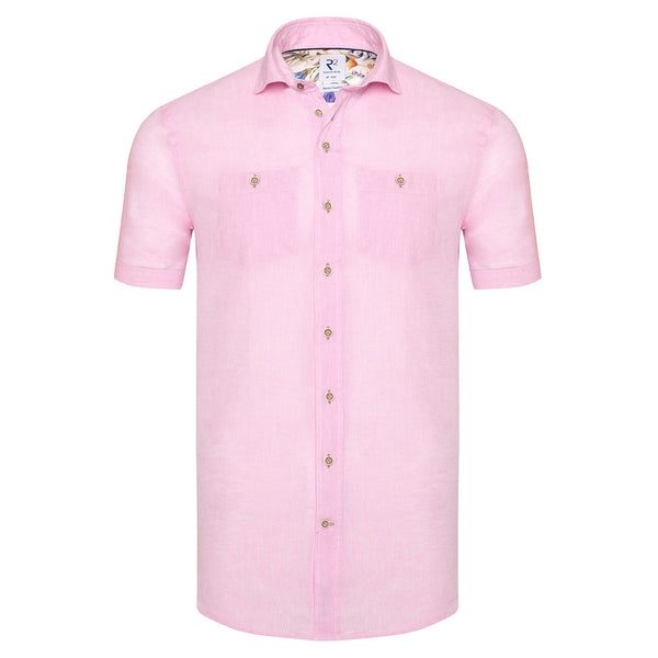 R2 Amsterdam Pink Solid Linen Blend Short Sleeve Button Up