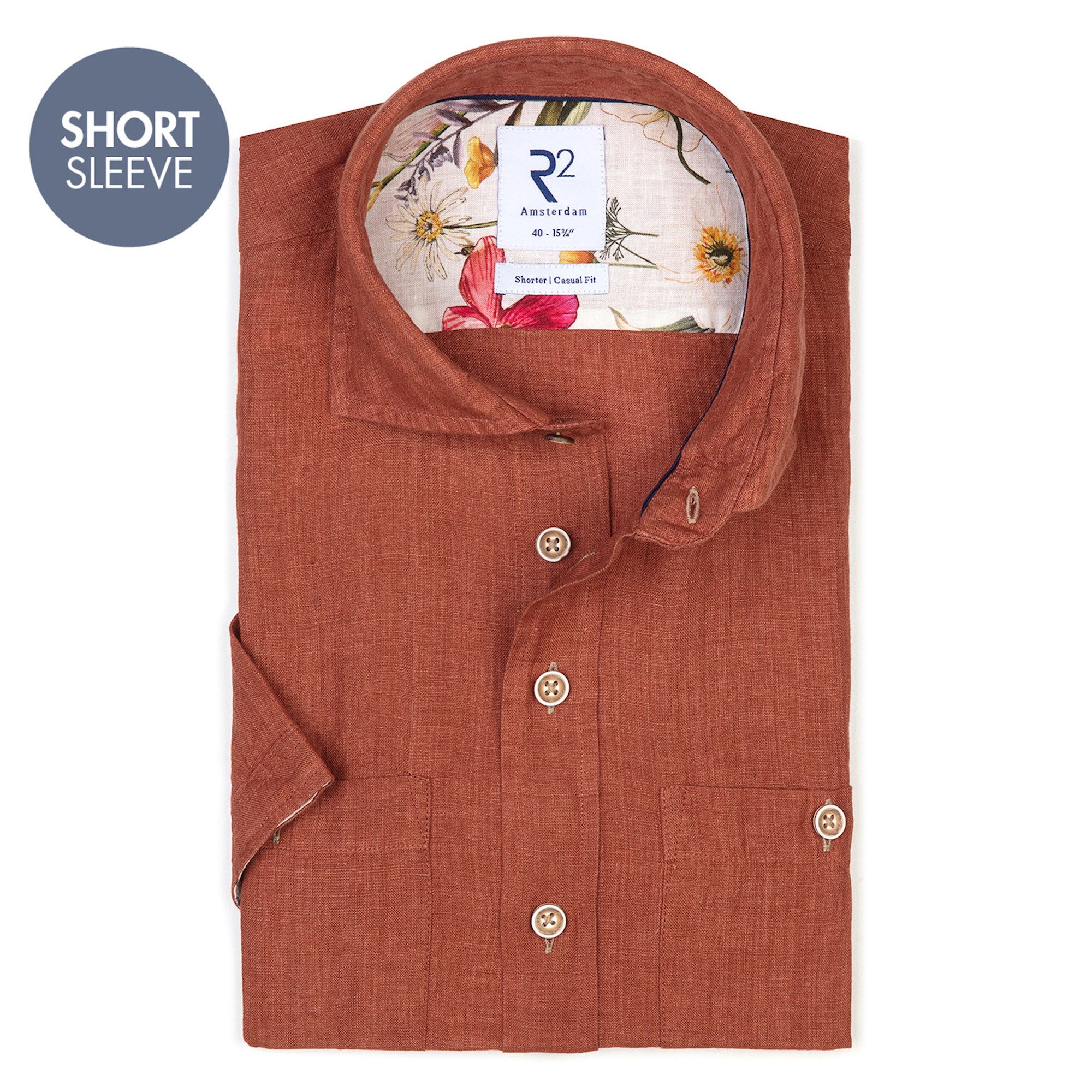 Brand Partner,R2 Amsterdam, R2 Amsterdam Brown Orange Solid Linen Blend Short Sleeve Button Up, Orange, Extra Large-48-TagXL