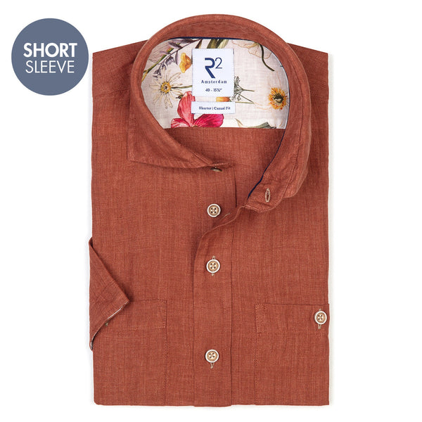 R2 Amsterdam Brown Orange Solid Linen Blend Short Sleeve Button Up