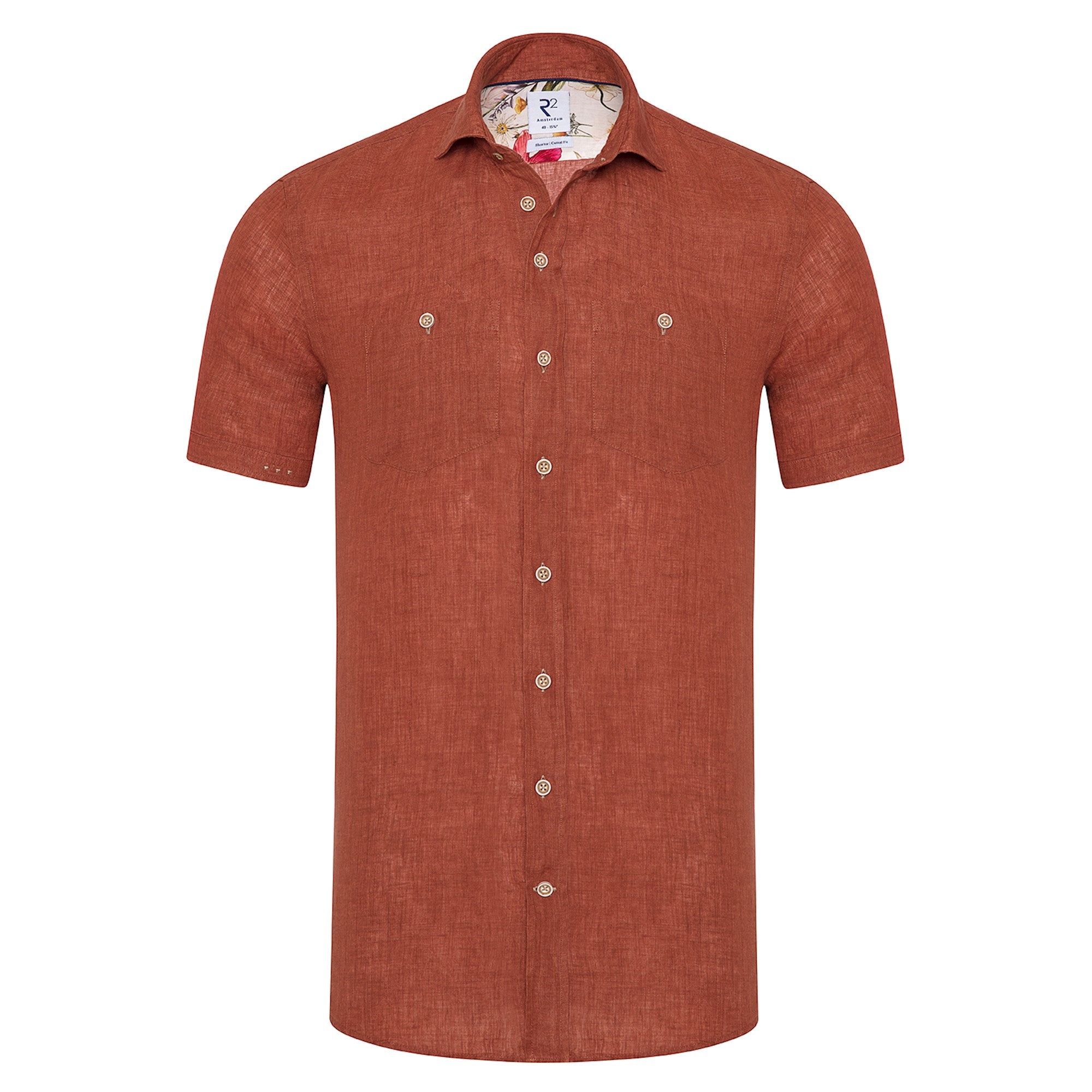 Brand Partner,R2 Amsterdam, R2 Amsterdam Brown Orange Solid Linen Blend Short Sleeve Button Up, Orange, Medium-43-TagM