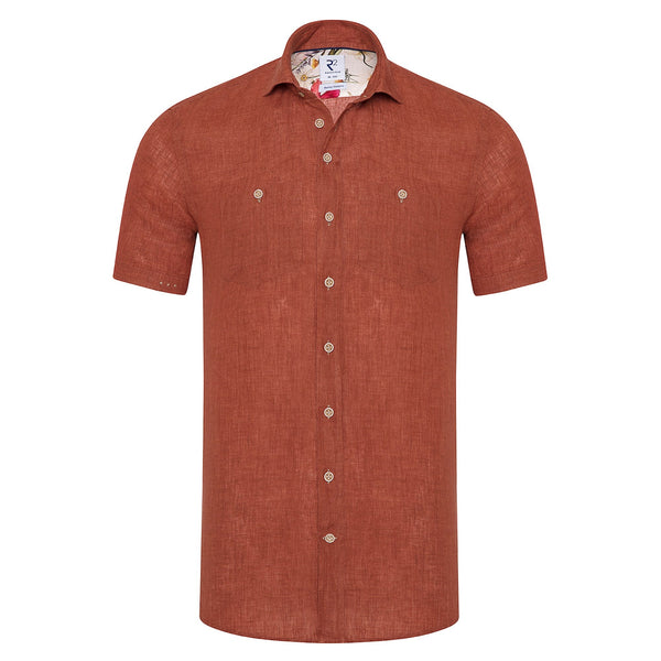 R2 Amsterdam Brown Orange Solid Linen Blend Short Sleeve Button Up