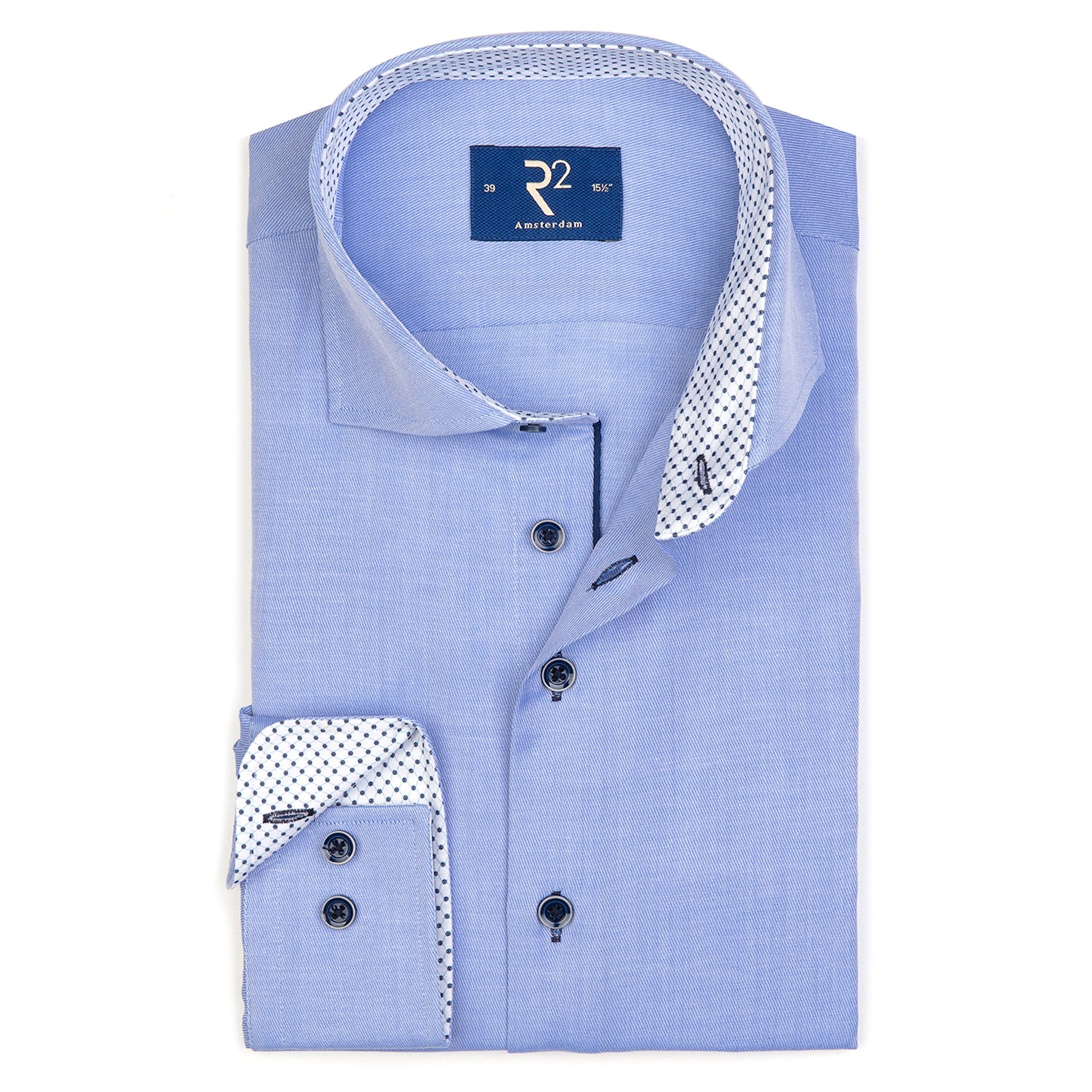 Brand Partner,R2 Amsterdam, R2 Amsterdam Blue Long Sleeve Button Up Shirt With Dotted Collar And Cuff Detail, Blue, Extra Large-48-TagXL