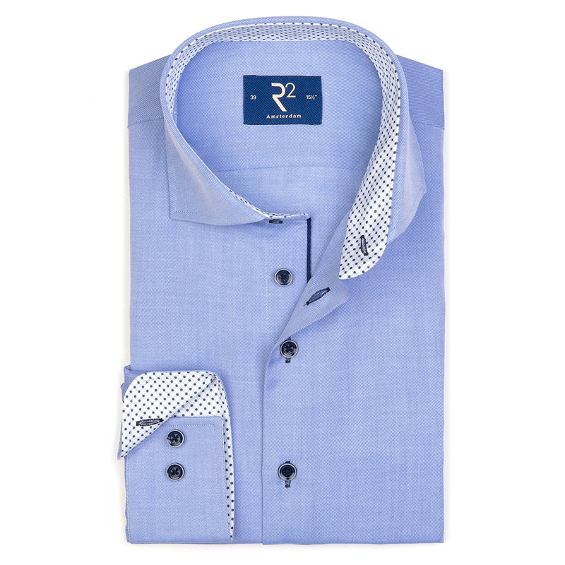 R2 Amsterdam Blue Long Sleeve Button Up Shirt With Dotted Collar And Cuff Detail