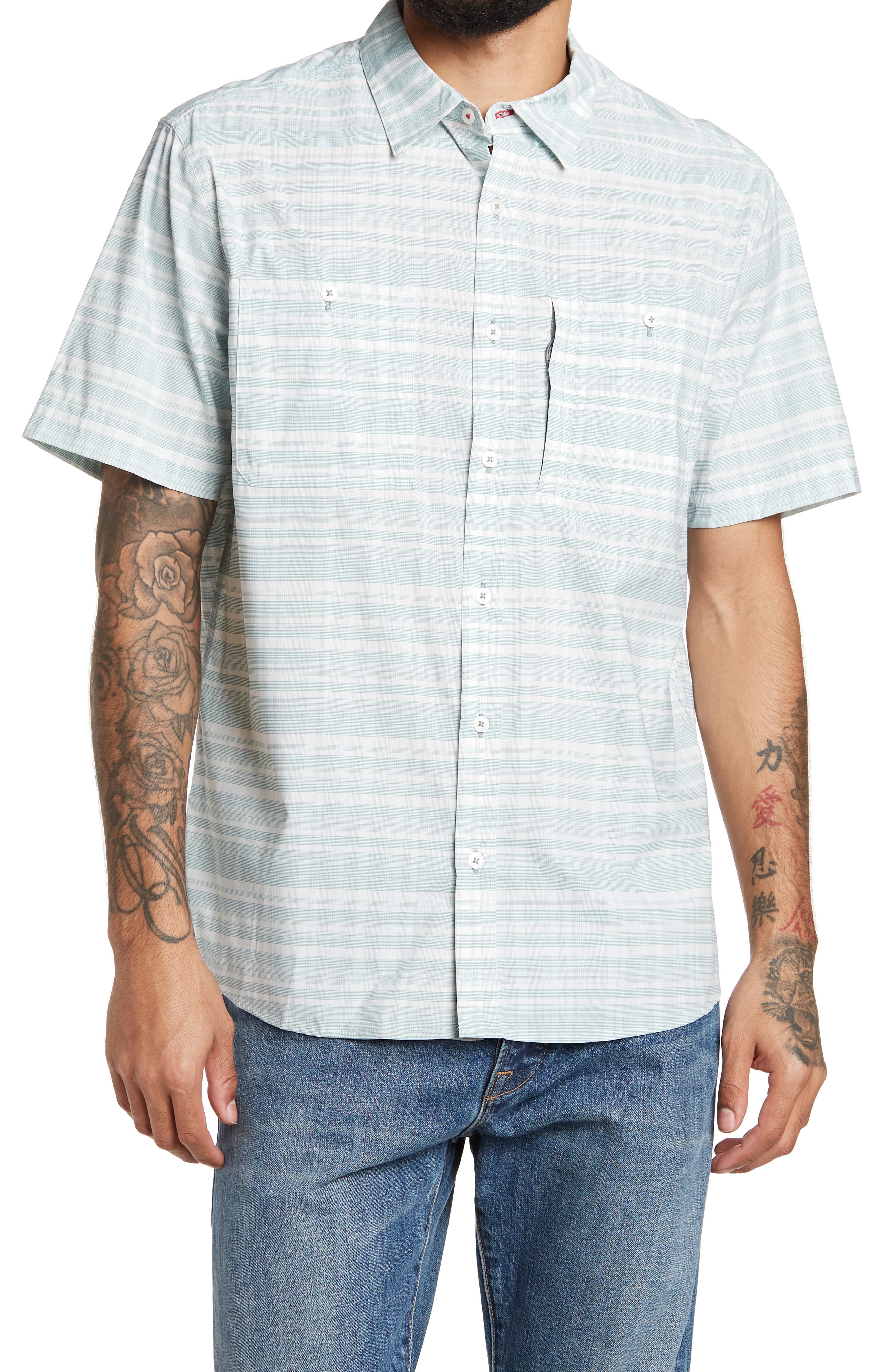 Nordstrom Rack,Flag & Anthem, Flag & Anthem Green Stripe Short Sleeve Performance Button Up Shirt, Green, Medium-45-TagM