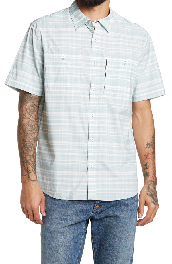 Flag and Anthem Green Stripe Short Sleeve Performance Button Up Shirt