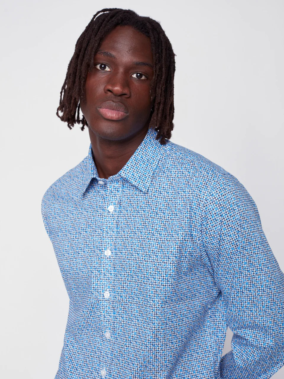 Wholesale,Projek Raw, Projek Raw Blue Houndstooth Print Long Sleeve Stretch Button Up Shirt, Blue, Medium-42-TagM